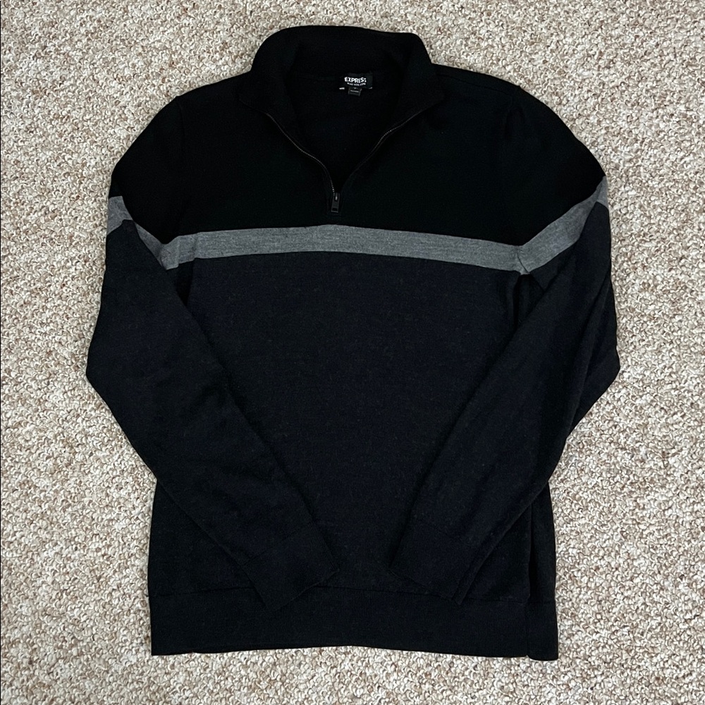 Express Men's Black and Gray Quarter Zip-Up Sweater - Large